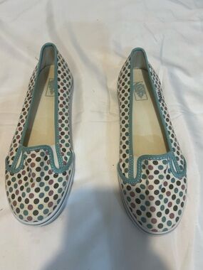 Vans White Canvas Slip-On Flats with Teal Trim and Multicolor Polka Dots Size 7